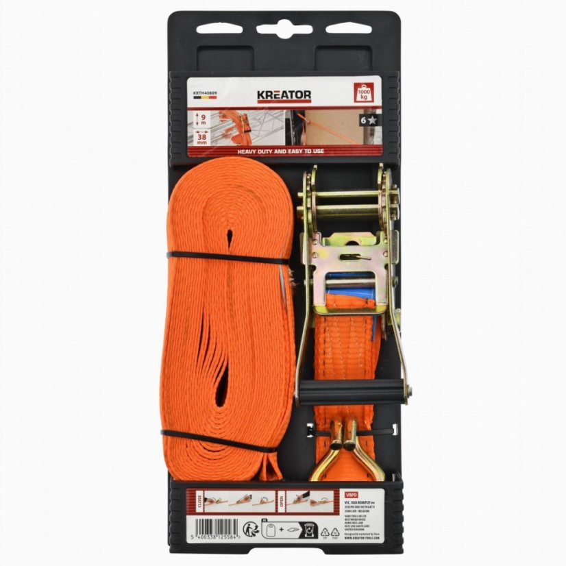 Upínací popruh ráčnový s háky 1000kg / 9m HIGH QUALITY KREATOR KRTH40809